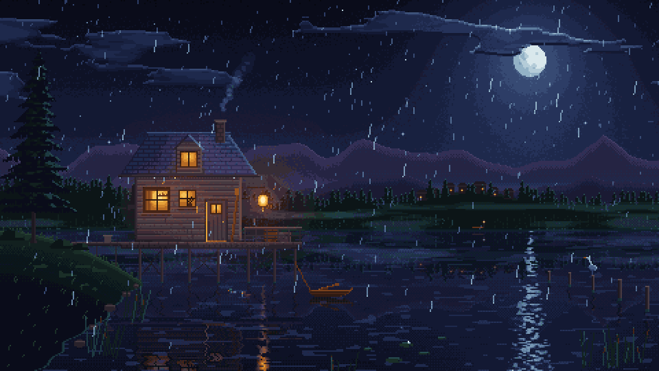 Lantern Rain at night: a cabin on a lake in the rain