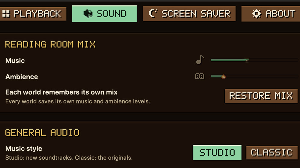 Stillworlds Settings, Sound tab: the Reading Room mix with separate music and ambience levels, and the music style (Studio or Classic).