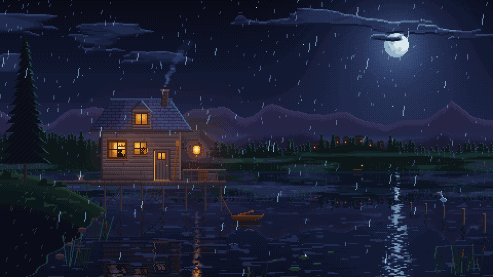 Lantern Rain: a cabin by a lake in the rain